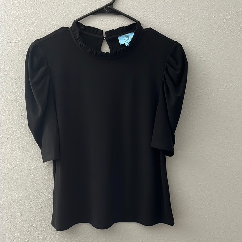 CeCe Black Blouse with Crew Neck Puff Sleeves and Ruffled Details